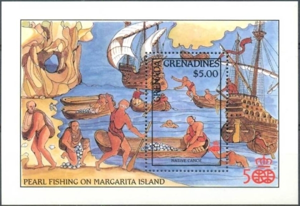 1987 500th Anniversary of the Discovery of America Pearl Fishing $5.00 Souvenir Sheet