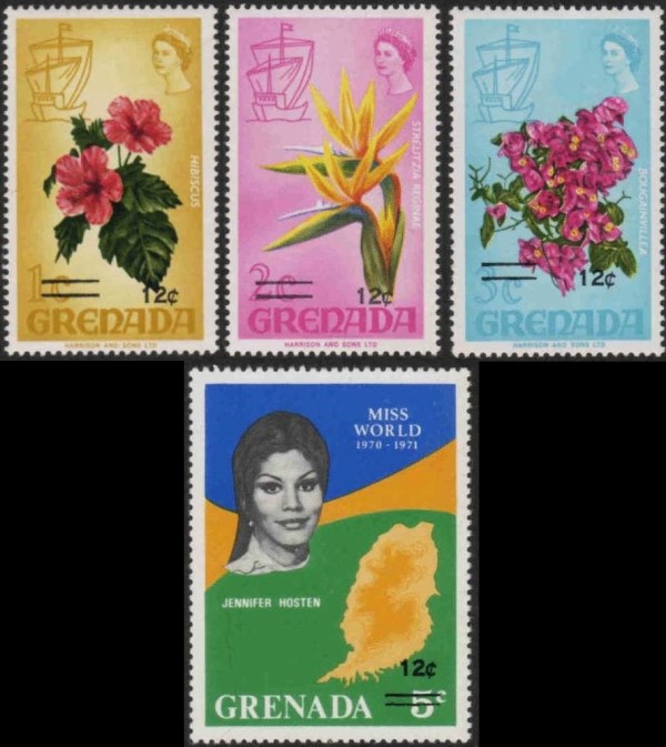 1972 Low Value 1968 Difinitives and the 5c MISS WORLD Stamp of 1971 Surcharged
