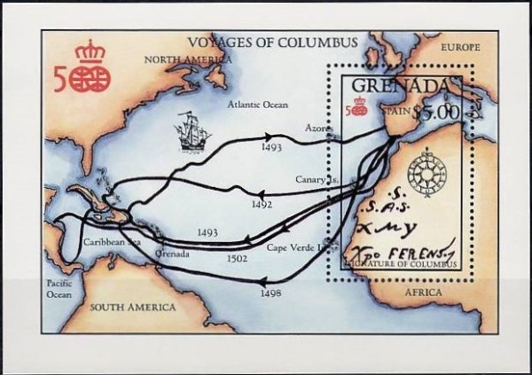 1987 500th Anniversary of the Discovery of America Voyages of Columbus $5.00 Souvenir Sheet
