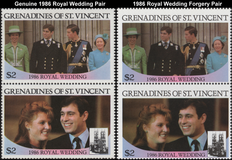 Saint Vincent Grenadines 1986 Royal Wedding Fake with Original $2 Stamp Pair Comparison