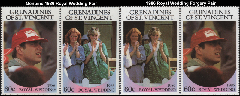 Saint Vincent Grenadines 1986 Royal Wedding Fake with Original 60c Stamp Pair Comparison