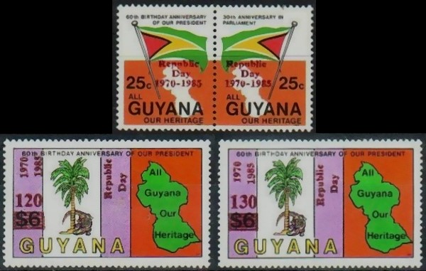 1985 the 1983 President Burnham's 60th Birthday Stamps Overprinted for Republic Day