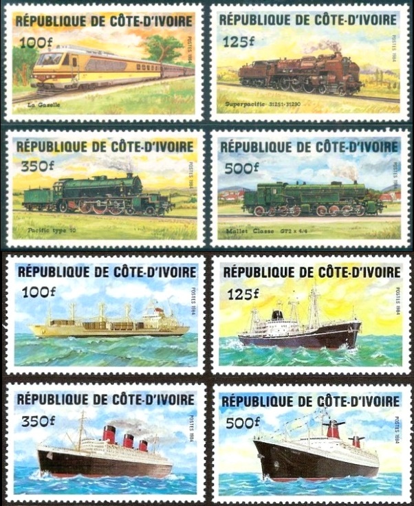 Ivory Coast 1984 Trains and Ships Stamps