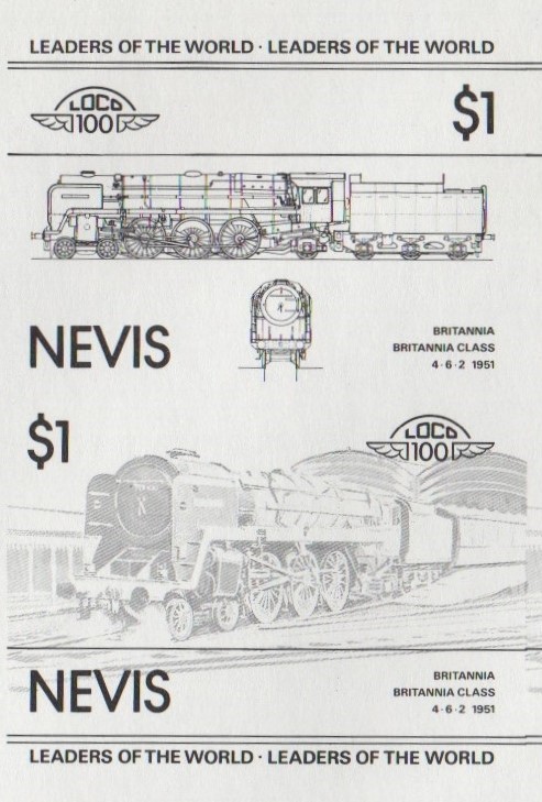 Nevis Locomotives (1st series) $1.00 Britannia Black Stage Progressive Color Proof Pair