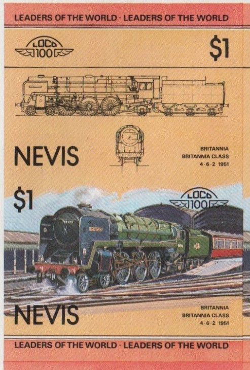 Nevis Locomotives (1st series) $1.00 1951 Britannia Britannia Class 4-6-2 Final Stage Progressive Color Proof Stamp Pair