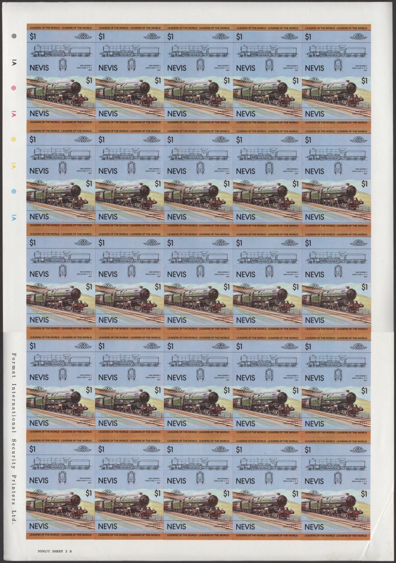 Nevis Locomotives (1st series) $1.00 1927 King George V King Class 4-6-0 Final Stage Progressive Color Proof Stamp Pane
