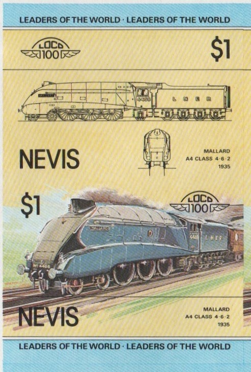 Nevis Locomotives (1st series) $1.00 1938 Mallard A4 Class 4-6-2 Final Stage Progressive Color Proof Stamp Pair