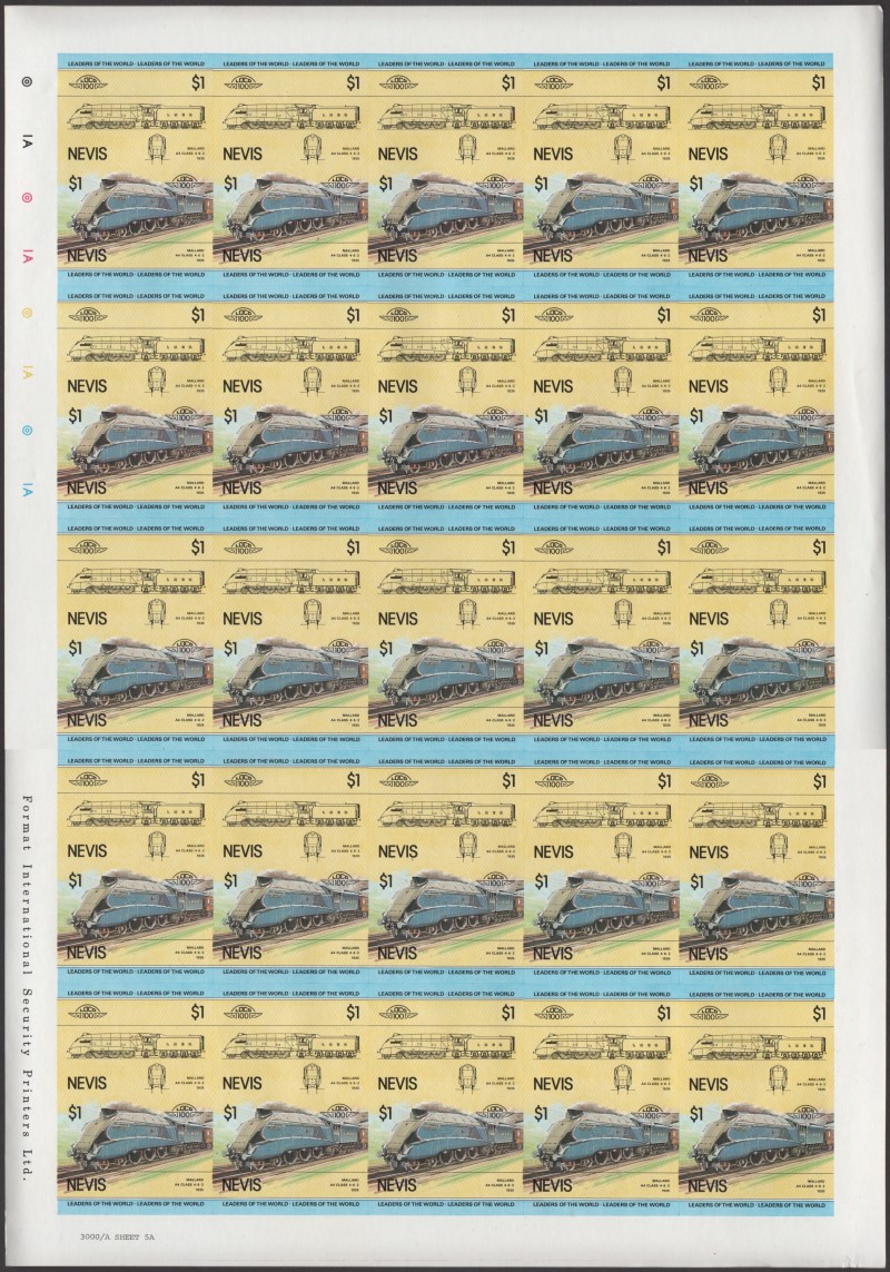Nevis Locomotives (1st series) $1.00 1938 Mallard A4 Class 4-6-2 Final Stage Progressive Color Proof Stamp Pane