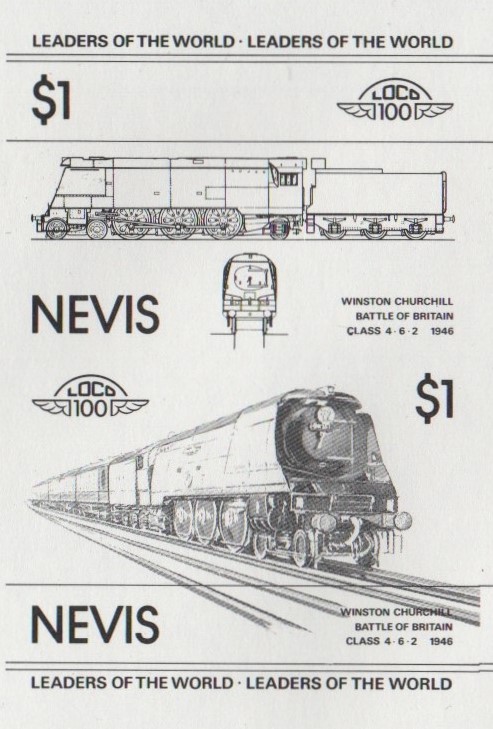 Nevis Locomotives (1st series) $1.00 Winston Churchill Black Stage Progressive Color Proof Pair