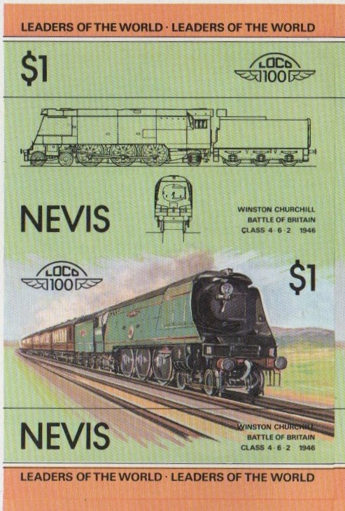 Nevis Locomotives (1st series) $1.00 1946 Winston Churchill Battle of Britain Class 4-6-2 Final Stage Progressive Color Proof Stamp Pair