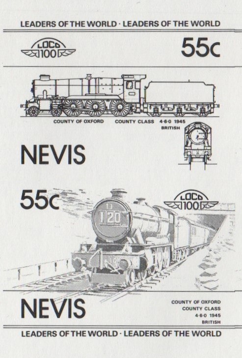 Nevis Locomotives (1st series) 55c County of Oxford Black Stage Progressive Color Proof Pair