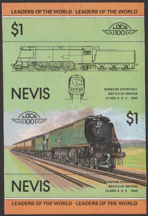 Nevis 1st Series $1.00 1946 Winston Churchill Battle of Britain Class 4-6-2 locomotive Stamp Final Stage Color Proof