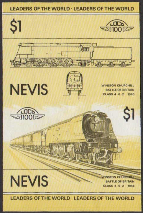 Nevis 1st Series $1.00 1946 Winston Churchill Battle of Britain Class 4-6-2 Locomotive Stamp Yellow and Black Stage Color Proof