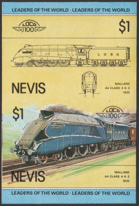 Nevis 1st Series $1.00 1938 Mallard A4 Class 4-6-2 Locomotive Stamp Final Stage Color Proof