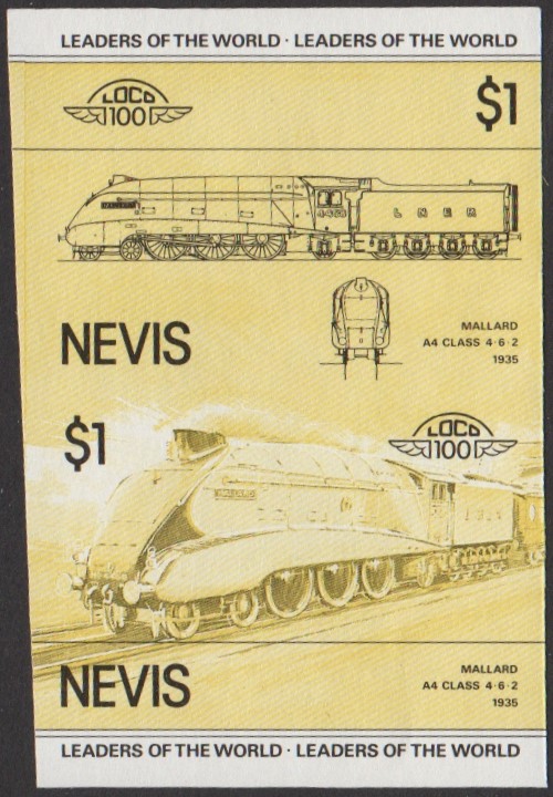 Nevis 1st Series $1.00 1938 Mallard A4 Class 4-6-2 Locomotive Stamp Yellow and Black Stage Color Proof