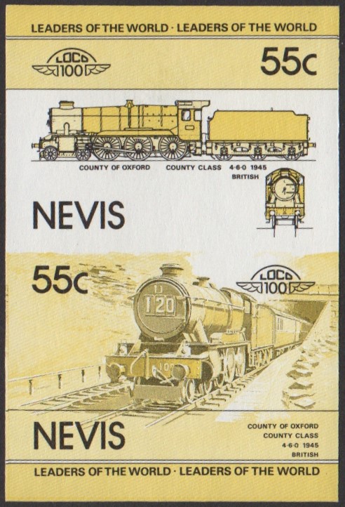 Nevis 1st Series 55c 1945 County of Oxford County Class 4-6-0 Locomotive Stamp Yellow and Black Stage Color Proof
