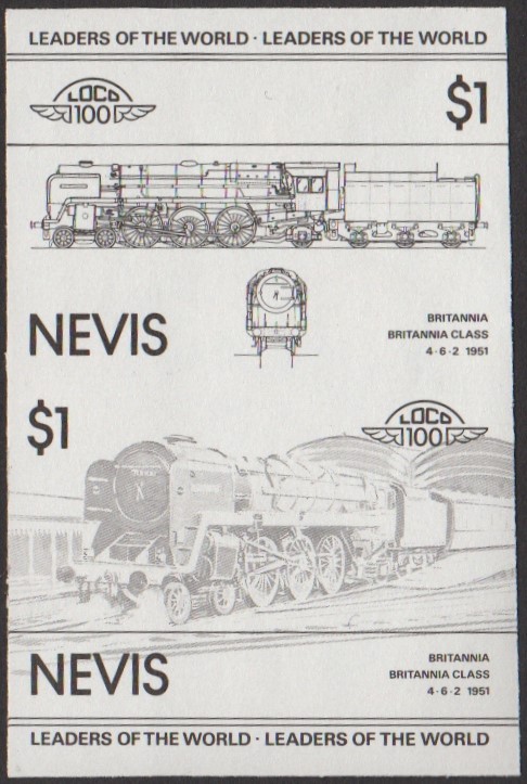 Nevis 1st Series $1.00 1951 Britannia Britannia Class 4-6-2 Locomotive Stamp Black Stage Color Proof