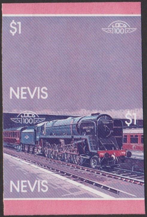 Nevis 1st Series $1.00 1960 Evening Star Class 9F 2-10-0 Locomotive Stamp Blue-Red Stage Color Proof