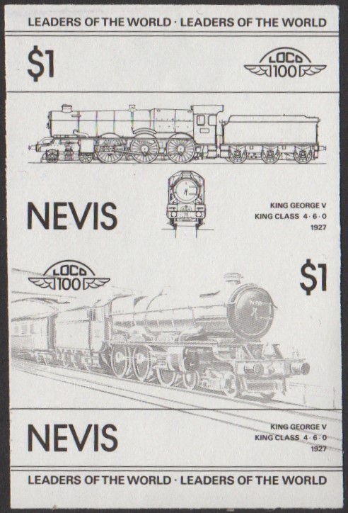 Nevis 1st Series $1.00 1927 King George V King Class 4-6-0 Locomotive Stamp Black Stage Color Proof