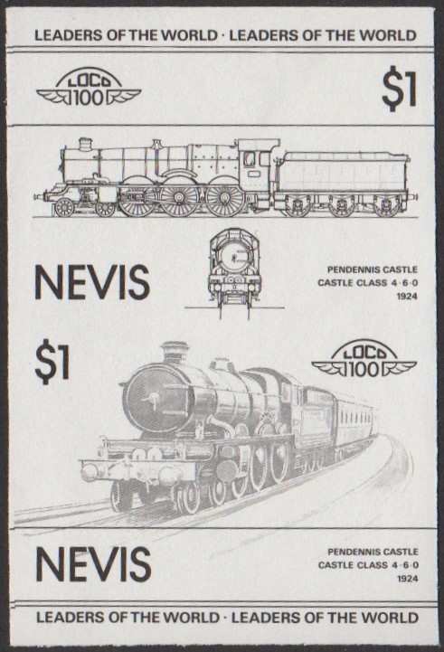 Nevis 1st Series $1.00 1924 Pendennis Castle Castle Class 4-6-0 Locomotive Stamp Black Stage Color Proof