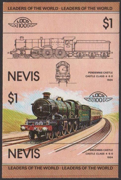 Nevis 1st Series $1.00 1924 Pendennis Castle Castle Class 4-6-0 Locomotive Stamp Final Stage Color Proof