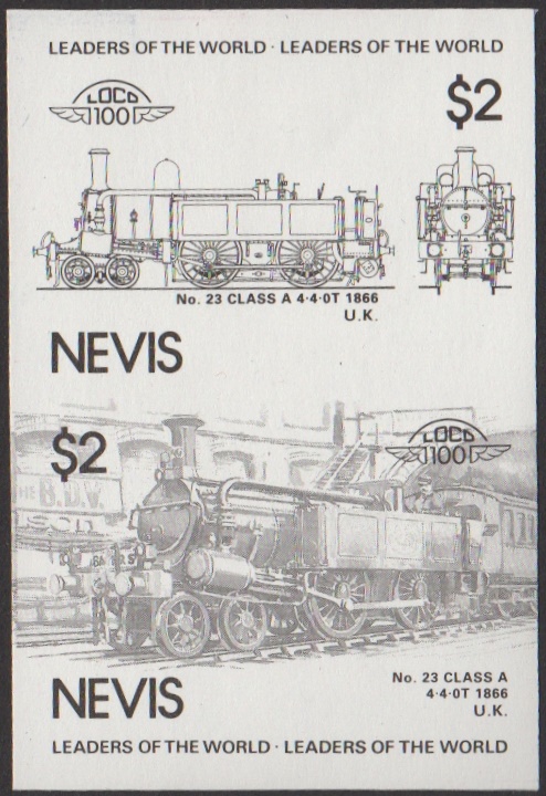 Nevis 3rd Series $2.00 1866 No. 23 Class A 4-4-0T Locomotive Stamp Black Stage Color Proof