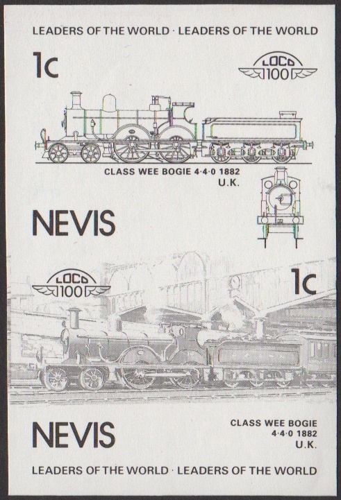 Nevis 3rd Series 1c 1882 Class Wee Bogie 4-4-0 Locomotive Stamp Black Stage Color Proof