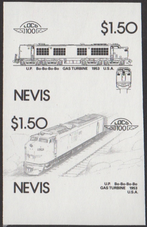 Nevis 5th Series $1.50 1953 U.P. Bo-Bo-Bo-Bo Gas Turbine Locomotive Stamp Black Stage Color Proof