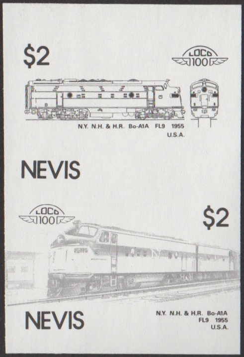 Nevis 5th Series $2.00 1955 N.Y. N.H. & H.R. Bo-A1A FL9 Locomotive Stamp Black Stage Color Proof
