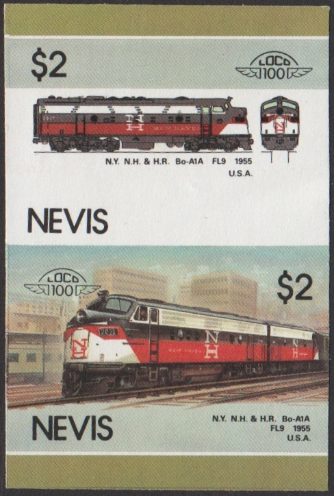 Nevis 5th Series $2.00 1955 N.Y. N.H. & H.R. Bo-A1A FL9 Locomotive Stamp Final Stage Color Proof