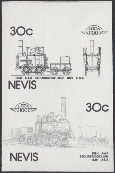 Nevis 5th Series 30c 1829 D&H 0-4-0 Stourbridge Lion Locomotive Stamp Black Stage Color Proof