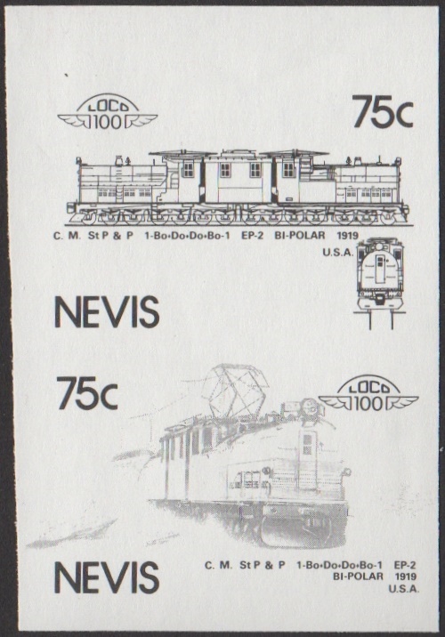 Nevis 5th Series 75c 1919 C. M. St. P & P 1-Bo+Do+Do+Bo-1 EP-2 Bi-polar Locomotive Stamp Black Stage Color Proof