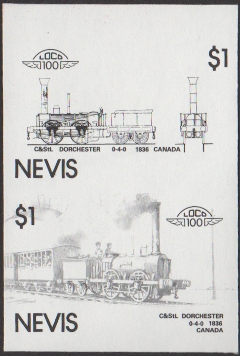 Nevis 6th Series $1.00 1836 C&St.L Dorchester 0-4-0 Locomotive Stamp Black Stage Color Proof