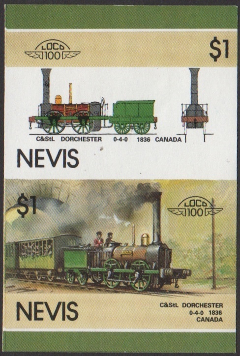 Nevis 6th Series $1.00 1836 C&St.L Dorchester 0-4-0 Locomotive Stamp Final Stage Color Proof