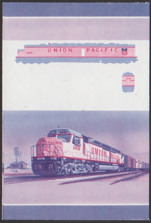 Nevis 6th Series $1.50 1969 U.P. 'Centennial' Class DD40AX Do-Do Locomotive Stamp Blue-Red Stage Color Proof