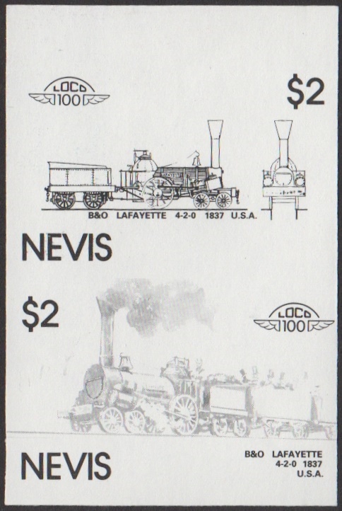 Nevis 6th Series $2.00 1837 B&O Lafayette 4-2-0 Locomotive Stamp Black Stage Color Proof