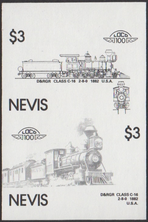 Nevis 6th Series $3.00 1882 D&RGR Class C-16 2-8-0 Locomotive Stamp Black Stage Color Proof