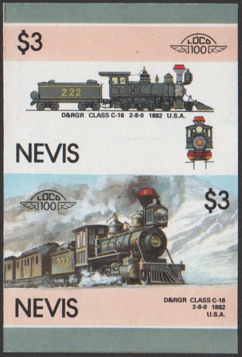 Nevis 6th Series $3.00 1882 D&RGR Class C-16 2-8-0 Locomotive Stamp Final Stage Color Proof