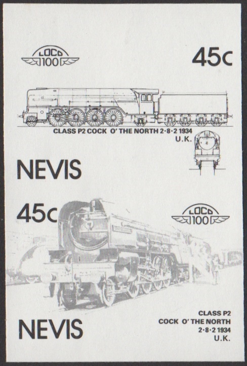 Nevis 6th Series 45c 1934 Class P2 Cock O' the North 2-8-2 Locomotive Stamp Black Stage Color Proof