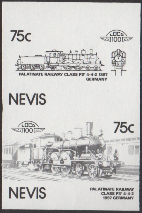 Nevis 6th Series 75c 1897 Palatinate Railway Class P3¹ 4-4-2 Locomotive Stamp Black Stage Color Proof