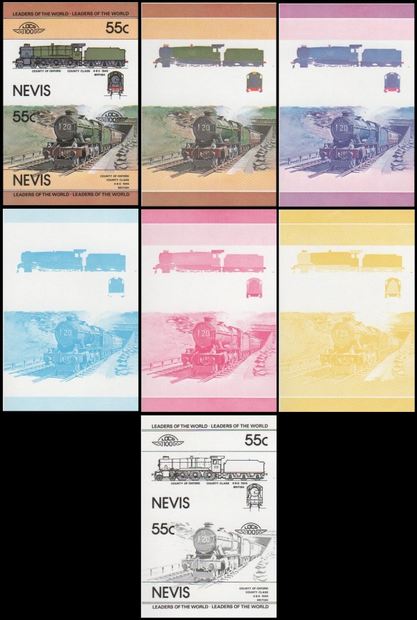 1983 Nevis Leaders of the World, Locomotives (1st series) Progressive Color Proof Stamps