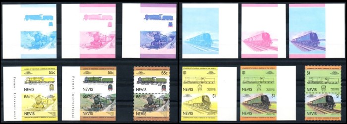 1983 Nevis Leaders of the World, Locomotives (1st series) 5 Stage Progressive Color Proof Stamps