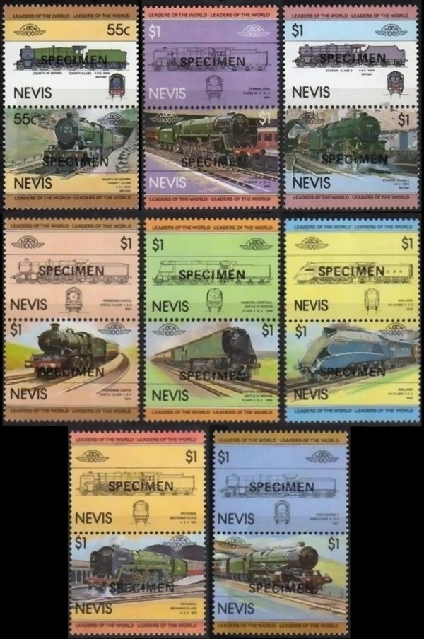 1983 Nevis Leaders of the World, Locomotives (1st series) SPECIMEN Overprinted Stamps