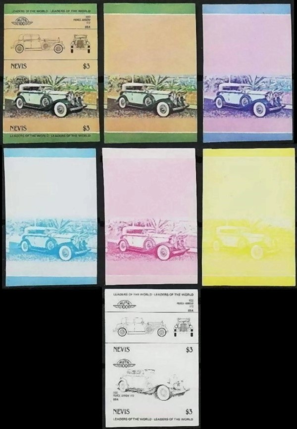1984 Nevis Leaders of the World, Automobiles (2nd series) Progressive Color Proof Stamps