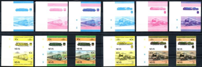 1984 Nevis Leaders of the World, Locomotives (2nd series) 5 Stage Progressive Color Proof Stamps