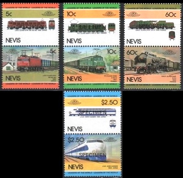 1984 Nevis Leaders of the World, Locomotives (2nd series) SPECIMEN Overprinted Stamps