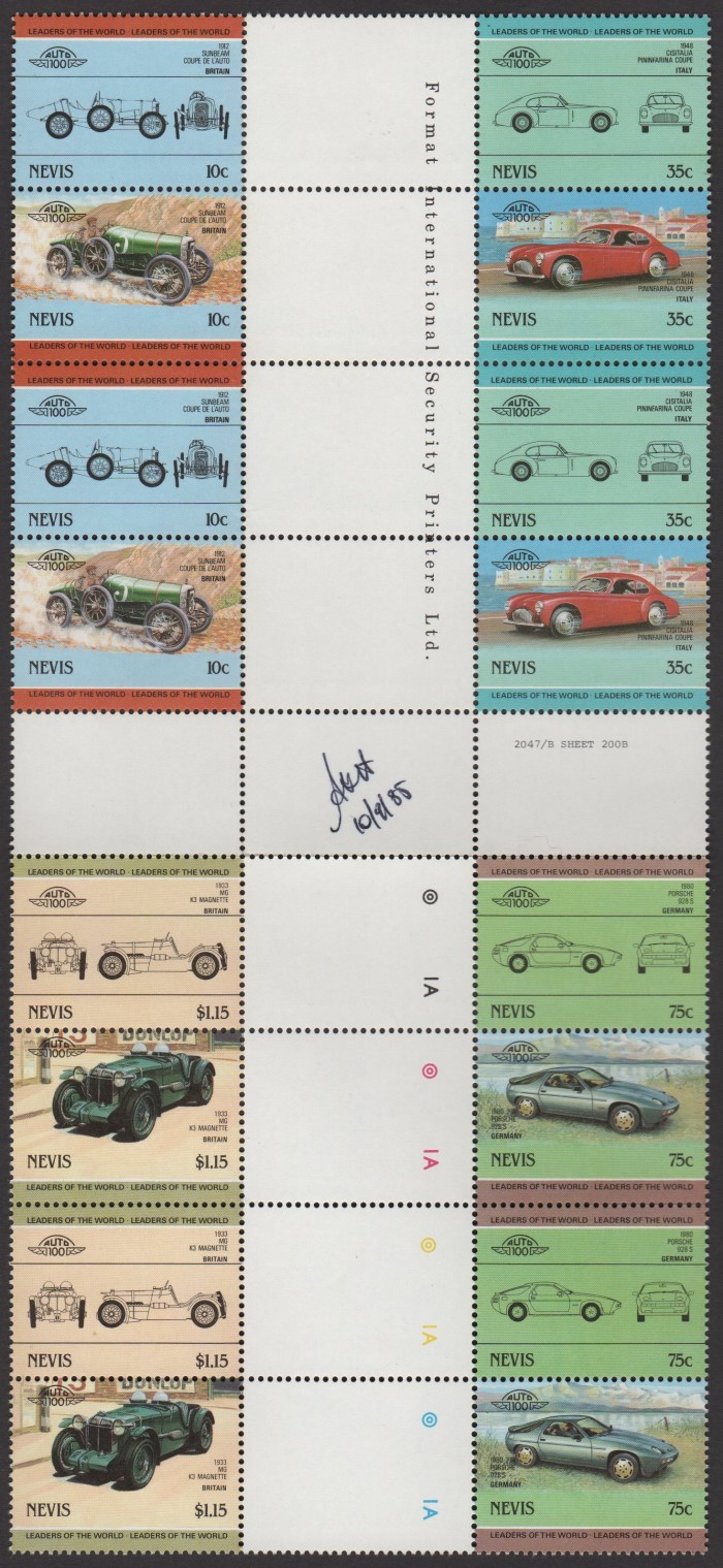 1985 Nevis Leaders of the World, Automobiles (4th series) Crossgutter Block