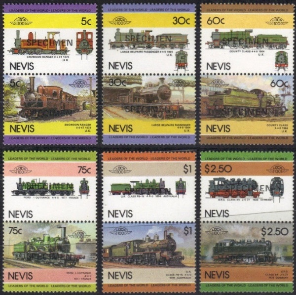 1985 Nevis Leaders of the World, Locomotives (4th series) SPECIMEN Overprinted Stamps