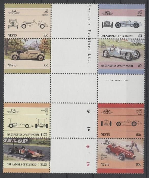 1986 Nevis Leaders of the World, Automobiles (5th series) Combo Country Crossgutter Block