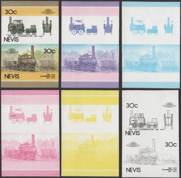 1986 Nevis Leaders of the World, Locomotives (5th series) Progressive Color Proof Stamps